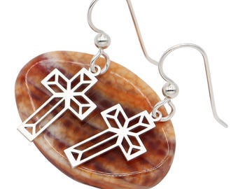 Sterling Silver Cross Dangle Earrings – Handmade Geometric Christian Jewelry, Lightweight Faith Earrings, Religious Gift for Her
