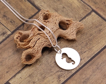 Sterling Silver Seahorse Necklace, Round Animal Pendant, Gift for Ocean Lovers
