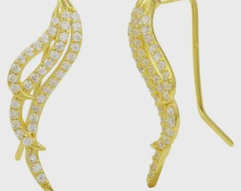 Sterling Silver 925 Gold Plated Wing Shape Climbing Earrings with CZ Stones