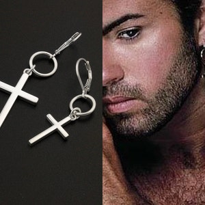 Cross Earring sterling silver Hang Hoop One piece Unisex earring memorial jewelry