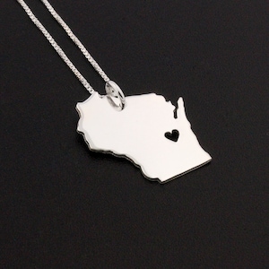 Wisconsin necklace Bright satin finish sterling silver Wisconsin state Personalized engraving necklace with heart Best friend Gift
