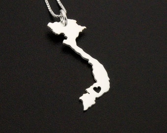 Vietnam necklace sterling silver personalized  i love Vietnam Country necklace with heart comes with Box style chain - Asian necklace gift