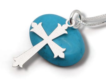 Sterling Silver Fleur-de-Lis Cross Necklace for Women – Satin Matte Finish, Handmade Christian Pendant Gift