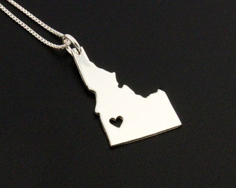 Idaho necklace sterling silver Idaho state necklace with heart comes Italian Box chain name engraving jewelry - personalize hometown gift