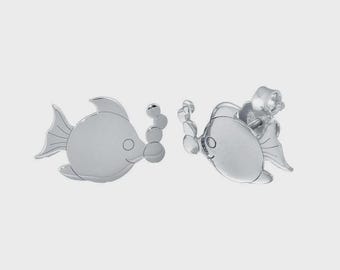 Sterling Silver 925 Bubble Fish Stud Earrings, Minimal Jewelry gift for women