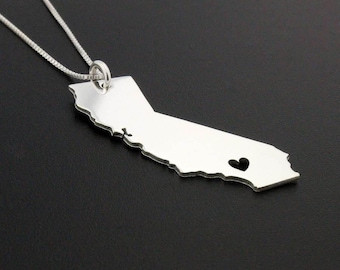 California necklace sterling silver Bright Satin Finish Love My state necklace with heart - Italian chain personalized and engrave Best Gift