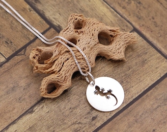 Sterling Silver Gecko Necklace, Round Lizard Pendant, Gift for Nature Lovers