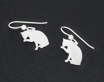 Cat Earrings Sterling Silver Wire Hook licking cat Dangle earrings kitty Pet Jewelry for women Girls pet gift for owners 925 jewelry