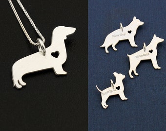 Dachshund necklace sterling silver dog with heart dog breeds pendant Love Pet Jewelry Italian box chain  brushed matte finish Best Gift