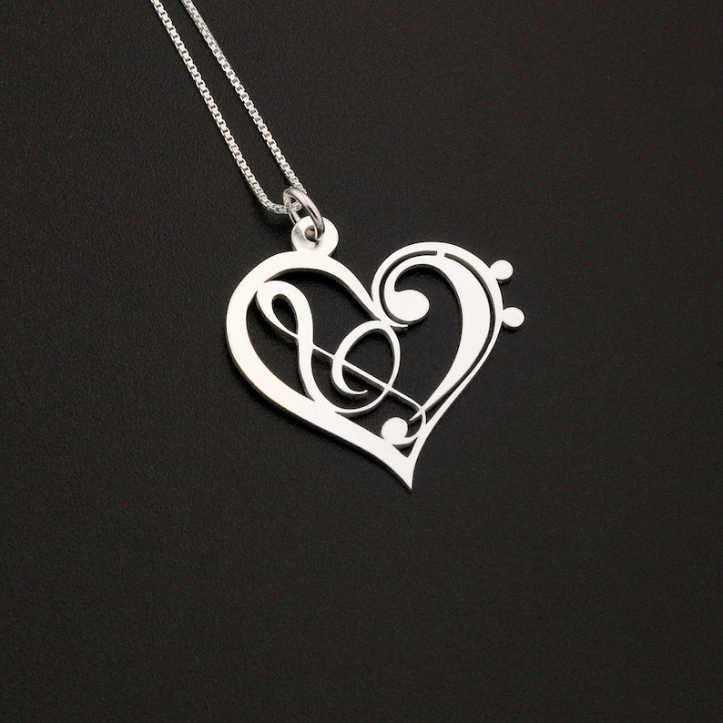Heart Clef G clef bass clef heart Necklace silver music note Treble clef Pendant charm necklace music note necklace Sterling Silver Gift image 1