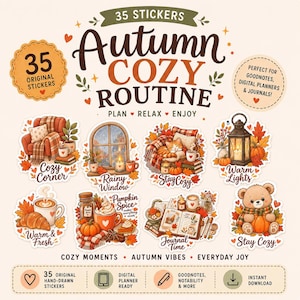 以下が含まれることがあります： Autumn Cozy Routineと題された35種類のオリジナルイラストを含むデジタルステッカーセット。居心地の良い椅子、雨の窓、眠る猫、ランタン、コーヒー、パンプキンスパイス、日記、テディベアなどのシーンが描かれています。
