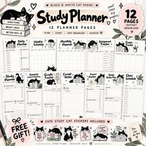 May include: A black and white cat-themed study planner set featuring 12 printable pages including daily, weekly, and monthly planners, assignment and exam trackers, grade trackers, Cornell notes, project planners, and class schedules with cat stickers.