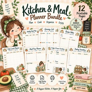 May include: A digital Kitchen & Meal Planner Bundle featuring 12 printable pages and 6 bonus stickers. The set includes templates for weekly meal plans, grocery lists, recipe notes, lunch planners, meal prep, and inventory trackers for fridge and pantry.