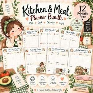 Puede incluir: Un paquete de planificadores de cocina y comidas con 12 páginas imprimibles, que incluye planes semanales, listas de compras, notas de recetas y rastreadores de inventario. El diseño incluye ilustraciones de un personaje y texto.