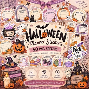 Puede incluir: Una colección de pegatinas digitales para agenda con temática de Halloween que incluye calabazas, fantasmas, gatos negros, calderos y libros. El texto central dice Halloween Planner Stickers 50 PNG Stickers. Incluye listas y iconos.