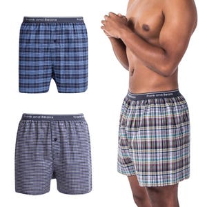 May include: Three pairs of boxer shorts featuring plaid patterns in shades of blue, grey, and multi-coloured tones. Each pair has a dark grey elastic waistband with the text Frank and Beans printed in white and a single button at the fly.