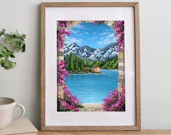 Lakeside Archway Acrylic Painting, Serene Landscape Print, Paper with White Border