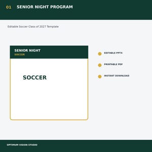 May include: An editable soccer senior night programme template with a dark green and white colour scheme. The text reads Senior Night Programme, Editable Soccer Class of 2027 Template, Senior Night Soccer, Editable PPTX, Printable PDF, and Instant Download.
