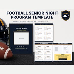 May include: A football senior night program template featuring a dark blue and gold color scheme. The design includes a cover page with space for a photo, multiple pages for senior spotlights, and a roster page with text fields for team details.