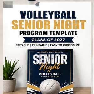 May include: A volleyball senior night programme template featuring the text VOLLEYBALL SENIOR NIGHT PROGRAMME TEMPLATE CLASS OF 2027 EDITABLE | PRINTABLE | EASY TO CUSTOMISE and a graphic of a volleyball with the text WESTVIEW HIGH SCHOOL SENIOR Night VOLLEYBALL CLASS OF 2027.