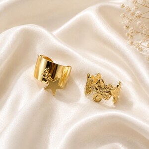 Lot 2 Bagues Dorées Ajustables Étoile et Fleurs Acier Inoxydable - Gold Ring Set Adjustable Star Charm Flower Band Stack Gift for Her