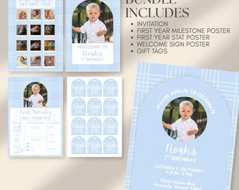 Blue Palaka Invitation Bundle, Palaka Invite, Baby Luau, 1st Birthday Hawaiian Print