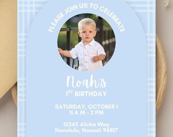 Editable Blue Palaka Birthday Invitation, Hawaiian Theme (Digital File)