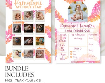 Editable Hawaiian Lei First Birthday Poster, Milestone Stat Board (Digital Download)