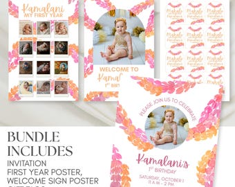 Editable Pikake First Birthday Invitation Bundle, Hawaiian Lei Theme (Digital Download)