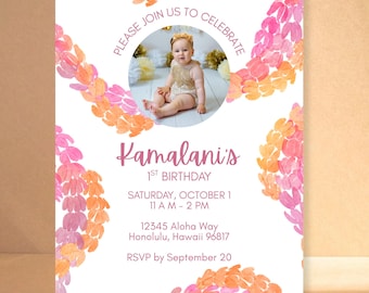 Editable Pikake Lei 1st Birthday Invitation, Hawaiian Theme (Digital File)