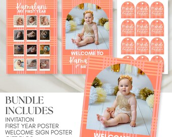 Pink Palaka Invitation Bundle, Palaka Invite, Baby Luau, 1st Birthday Hawaiian Print
