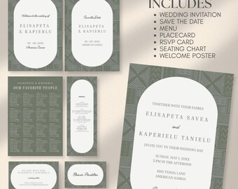 Editable Samoan Wedding Invitation Bundle | Siapo Tatau Polynesian Floral Suite (Digital Download)