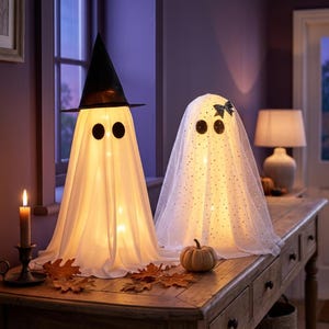 Peut inclure: Deux décorations de fantômes illuminées en tissu blanc. Le fantôme de gauche porte un chapeau de sorcière noir pointu et a des yeux circulaires noirs. Le fantôme de droite présente un voile à pois avec un petit nœud noir et des yeux noirs.