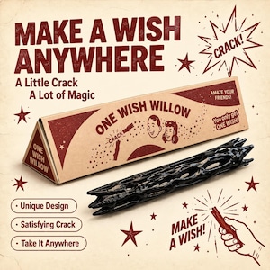 Könnte beinhalten: Eine dreieckige Pappschachtel mit der Aufschrift ONE WISH WILLOW mit rotem Text und Grafiken, begleitet von einem schwarzen, hohlen, zylindrischen Objekt mit texturierter, poröser Oberfläche. Die Verpackung enthält die Sätze MAKE A WISH ANYWHERE, A Little Crack A Lot of Magic, AMAZE YOUR FRIENDS und You only get ONE WISH.