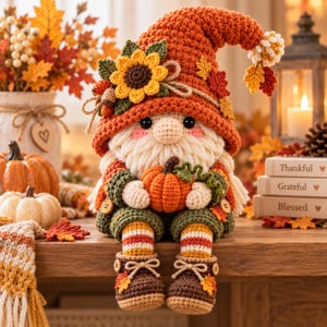 Puede incluir: Una figura de gnomo tejida a ganchillo con un gran sombrero naranja decorado con un girasol y hojas de otoño. El gnomo tiene barba blanca, mejillas rosadas y sostiene una pequeña calabaza naranja. Viste pantalones verdes y botas marrones.
