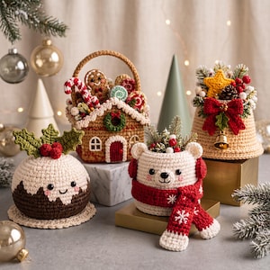 May include: A collection of four crocheted Christmas decorations including a gingerbread house basket, a bell with a red bow, a pudding with holly leaves, and a polar bear wearing a red scarf, all featuring intricate yarn textures and details.