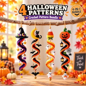 May include: A 4-in-1 Halloween crochet pattern bundle featuring four hanging decorations: a witch hat with purple and orange spirals, a crescent moon with a black cat, a candy corn with ghosts, and a jack-o'-lantern with lanterns and a spider web.