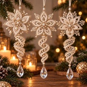 Op de afbeelding: Drie hangende ornamenten met crèmekleurige macramé bloemtoppen, ingewikkelde geweven patronen en parelaccenten. Elk ornament heeft een spiraalvormige macramé staart versierd met kleine parels en een heldere, gefacetteerde traanvormige kristal onderaan.