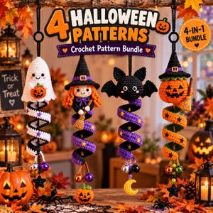 Könnte beinhalten: Ein 4-in-1 Häkelmuster-Set für Halloween mit vier hängenden Dekorationen: ein weißer Geist mit Kürbis, eine Hexe mit orangefarbenem Haar, eine schwarze Fledermaus und ein Kürbis mit Hexenhut, alle mit Spiralen und Anhängern.