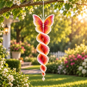 May include: A crocheted butterfly ornament featuring a vibrant gradient of pink, orange, and yellow yarn. The butterfly has a spiraling, corkscrew-shaped tail extending downward, accented with small white beads at the top and bottom.