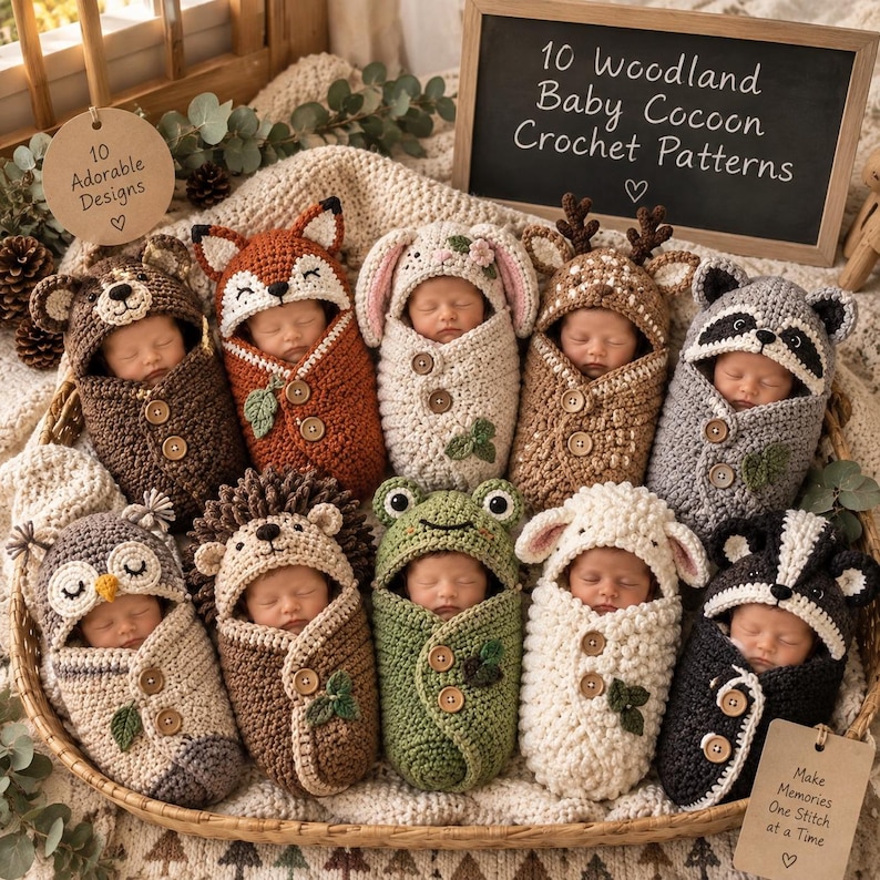 Woodland Baby Cocoon Crochet Pattern, 10 Animal Newborn Photo Prop PDF