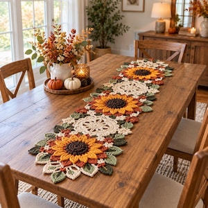 Schema per centrotavola all'uncinetto con girasoli, decorazione floreale autunnale in pizzo, stile rustico autunnale, download digitale in PDF.