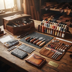 May include: A comprehensive leatherworking kit featuring a brown leather tool bag, a wooden thread spool rack with various coloured threads, a black cutting mat, metal stamping tools, a clear hardware organiser, and a leather wallet on a wooden table.