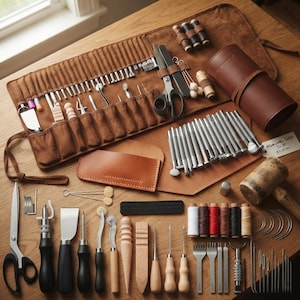Puede incluir: Un estuche de cuero marrón para herramientas que contiene diversos utensilios de metal para trabajar el cuero, como tijeras, punzones, agujas y carretes de hilo. El set incluye un mazo de madera, una bolsa de cuero y herramientas de acero.