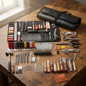 Könnte beinhalten: Ein umfassendes Lederbearbeitungs-Werkzeugset mit einer schwarzen Rolltasche, verschiedenen Metallstanzern, Nadeln, Ahlen mit Holzgriffen, einem Hammer, Scheren, Maßbändern und mehreren Spulen mit farbigem Garn auf einer Holzoberfläche.