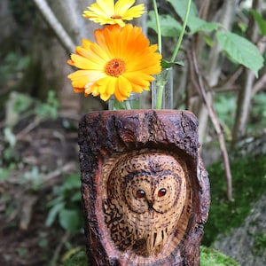 May include: A dark brown wooden log vase featuring a hand-carved owl with amber-colored eyes set into the front. The top of the log contains two clear glass tubes holding a bright orange calendula flower and a purple clover blossom.