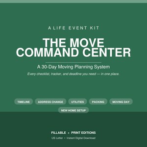 May include: A dark green digital planning document titled A LIFE EVENT KIT THE MOVE COMMAND CENTER A 30-Day Moving Planning System. It includes buttons for TIMELINE, ADDRESS CHANGE, UTILITIES, PACKING, MOVING DAY, and NEW HOME SETUP. FILLABLE + PRINT EDITIONS.