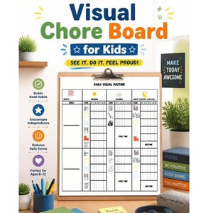 May include: A visual chore board for kids on a clipboard with a daily visual routine chart. The chart features columns for morning, evening, and night tasks with icons. Text includes Visual Chore Board for Kids, SEE IT. DO IT. FEEL PROUD.