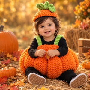 Puede incluir: Un disfraz de calabaza de ganchillo que consiste en un cuerpo redondeado de color naranja brillante con tirantes verdes y un gorro naranja a juego rematado con hojas verdes. El conjunto se lleva sobre una camiseta negra de manga larga y pantalones negros.