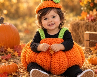 May include: A crochet pumpkin costume consisting of a bright orange rounded body with green straps and a matching orange hat topped with green leaves. The outfit is worn over a black long-sleeved shirt and black pants with white-soled sneakers.